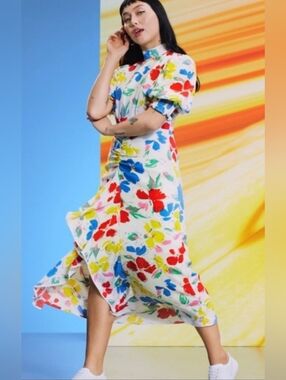 RIXO  For Target White Floral Midi Dress with Red, Blue & Yellow Blooms